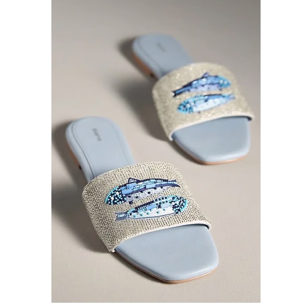 New Anthropologie x Maeve The Fiona Beaded Slide Sandals - Fish Blue 39 8